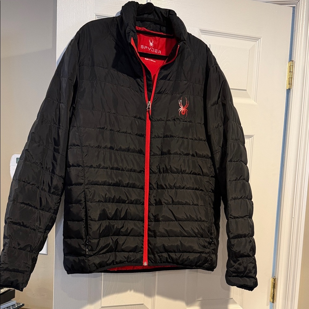 Spyder Men's Black Puffer Jacket with Red Accents